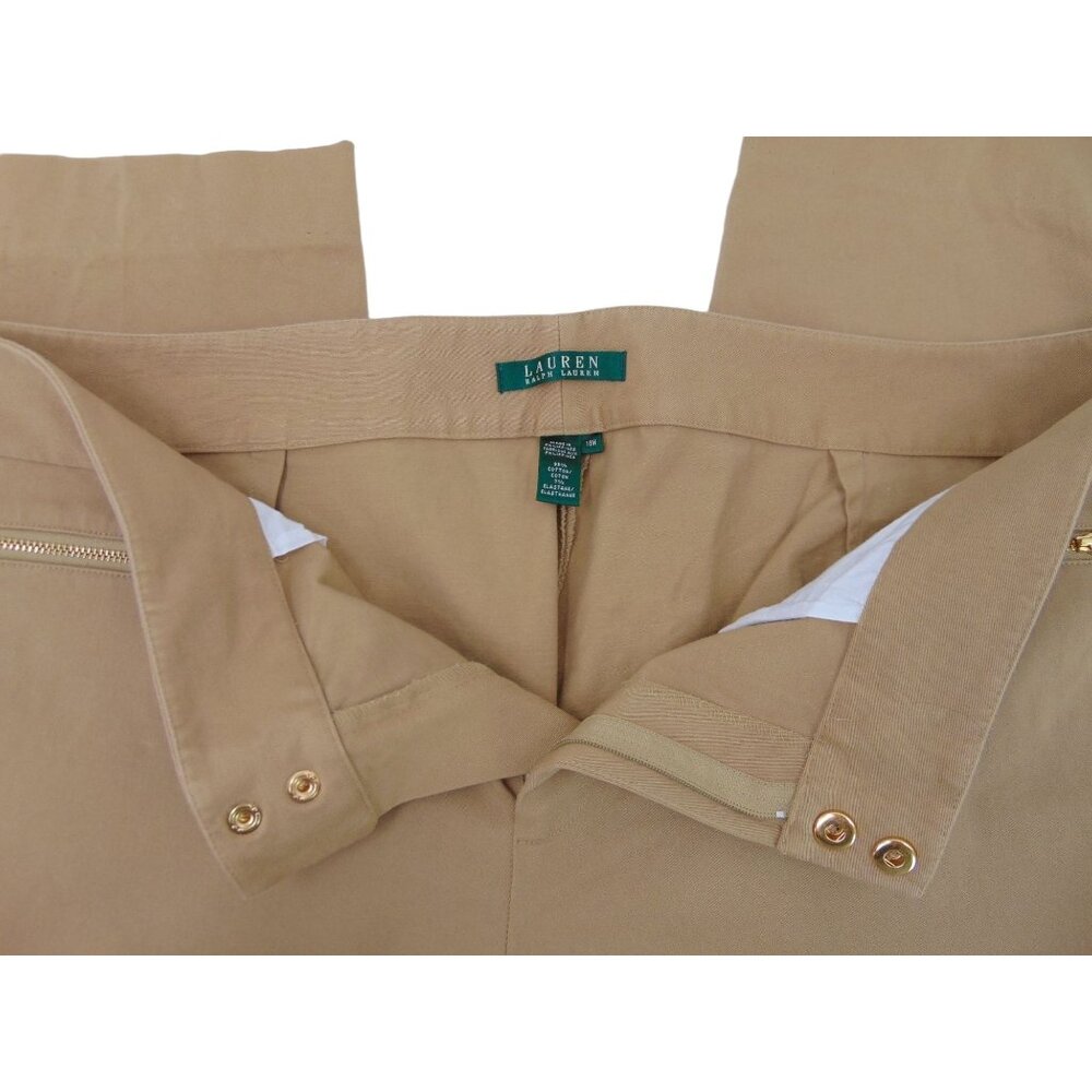 Lauren Ralph Womens Tan Cropped Pants 18W Plus Flat Front Gold Zippers Stretch - Picture 11 of 11